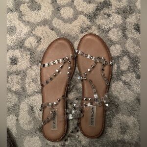 Steve Madden Women’s size 10 silver and clear ankle strap stud sandal.